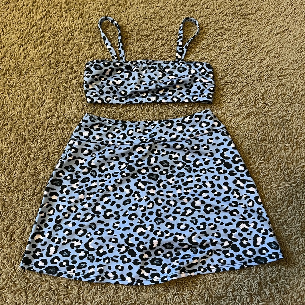 Onzie Purple Leopard Print Sporty Tennis Skirt and Flow Bali Bandeau Top
